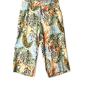 Tahari Linen Pants 1X Straight Leg Pull On Elastic Waist Pockets Tropical Palm